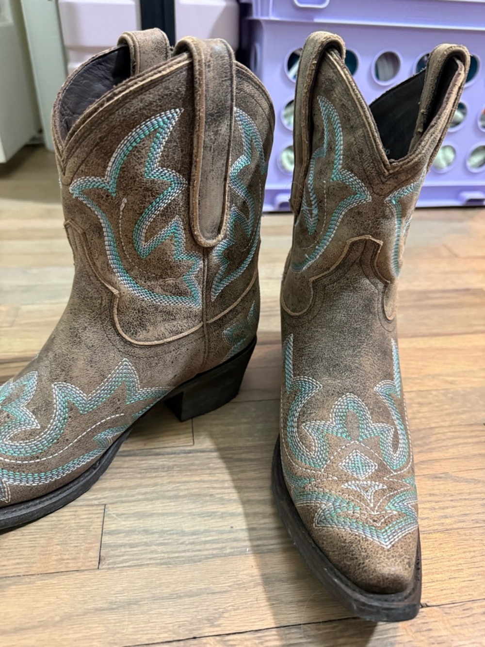 Women's Brown Suede Western Boots with Turquoise Stitching